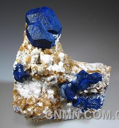 晶体发育非常完整的青金石矿标，像装饰画一样，浓郁的蓝色衬托在白色的底色上